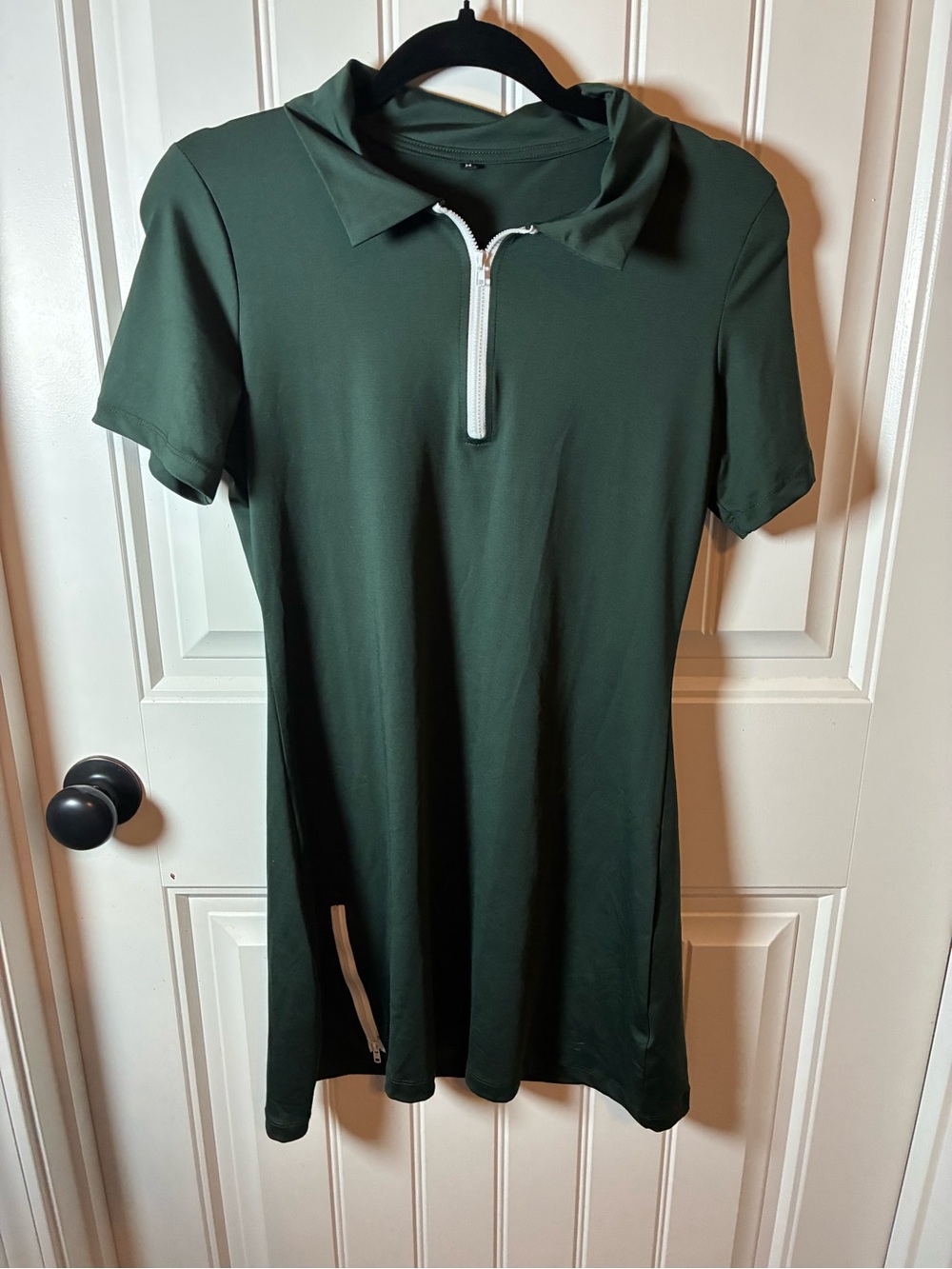 Short-Sleeve Dark Green Athletic Dress with Front Zip. Matching shorts.